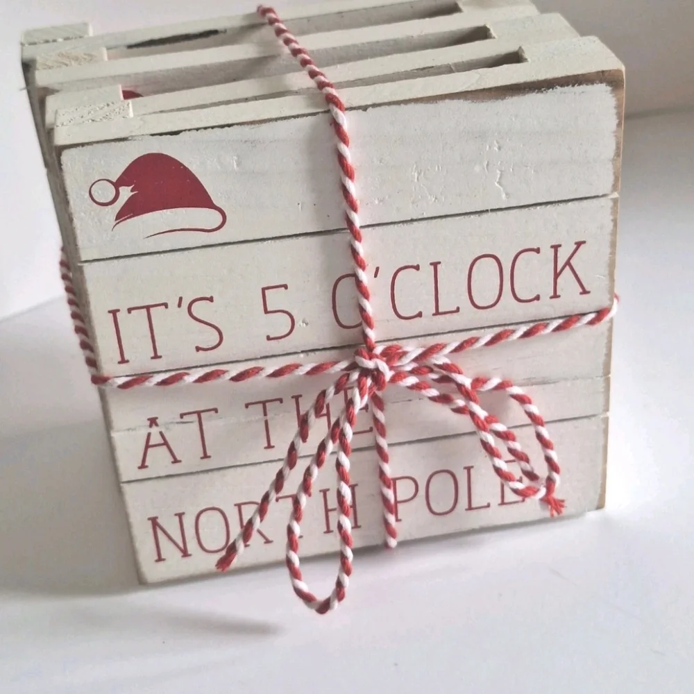 Mudpie 4pc White Wooden Christmas Pallet Coasters Its 5 Oclock At The North Pole